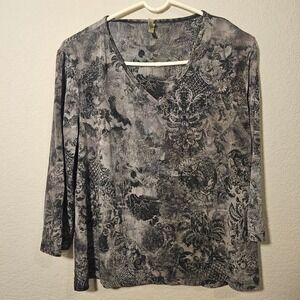 Vintage White Stag Grey Black Damask Paisley V-Neck 3/4 Sleeve Top Y2K L 12/14